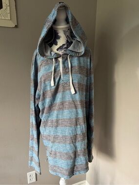 Y2K 100% Cotton KR3W Blue & Grey Striped Hooded Pullover
